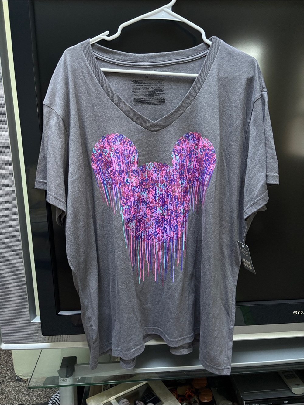 Disney Gray V-Neck Tee with Pink & Purple Dripping Mickey NWT